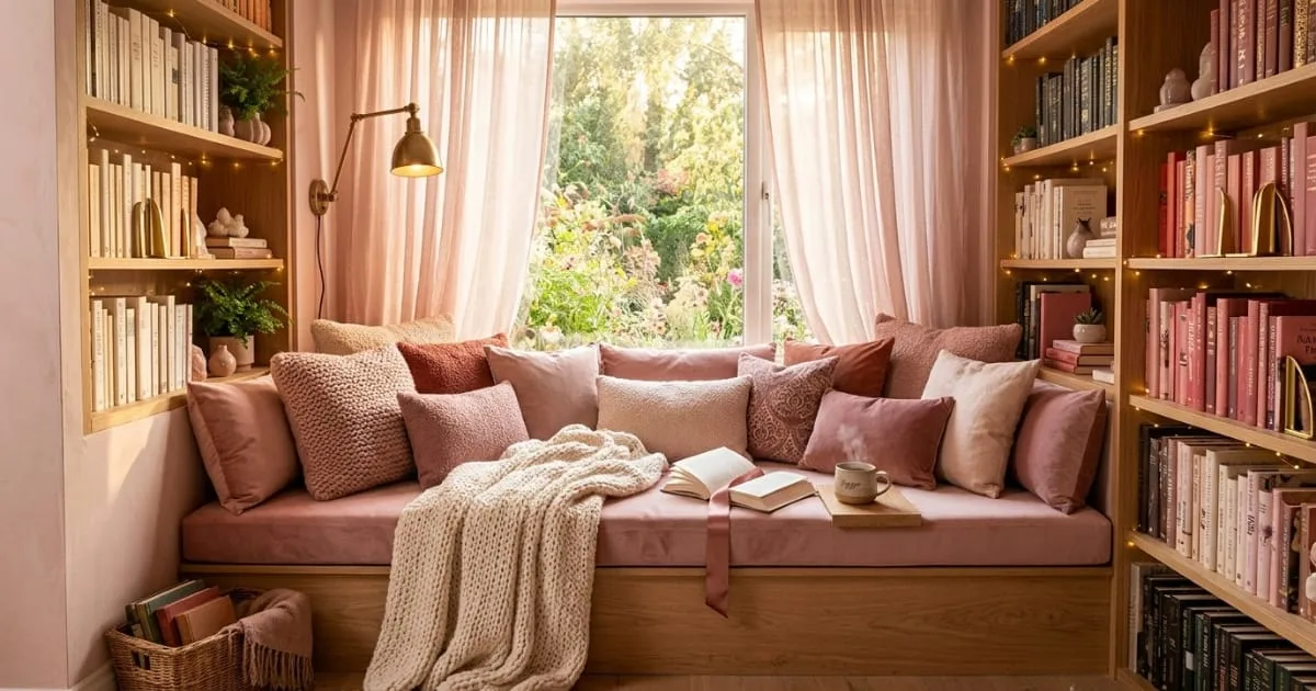 A softly lit living room corner with a warm lamp, a folded blanket and an open book ready for a calm evening
